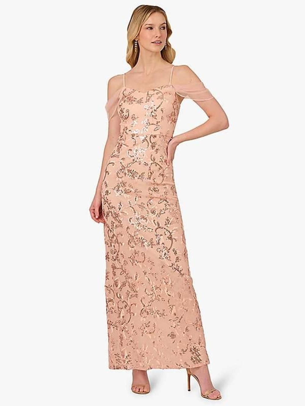 Papell Studio Blush Pink Sequin Floral Cold-Shoulder Evening Gown Sz 0 NWT